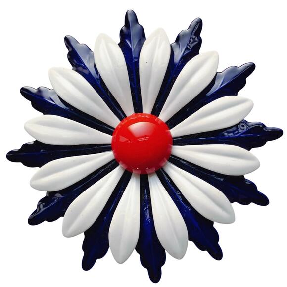 VTG 1960s Brooch Flower Red White Blue Enamel Layered Metal Pin Kitcshy - Picture 1 of 11